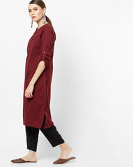 W Maroon Straight Kurta with Roll-Up Sleeves W