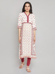 AURELIA Women Printed V-Neck Straight Kurta in Maroon, structured design with elegant print.
