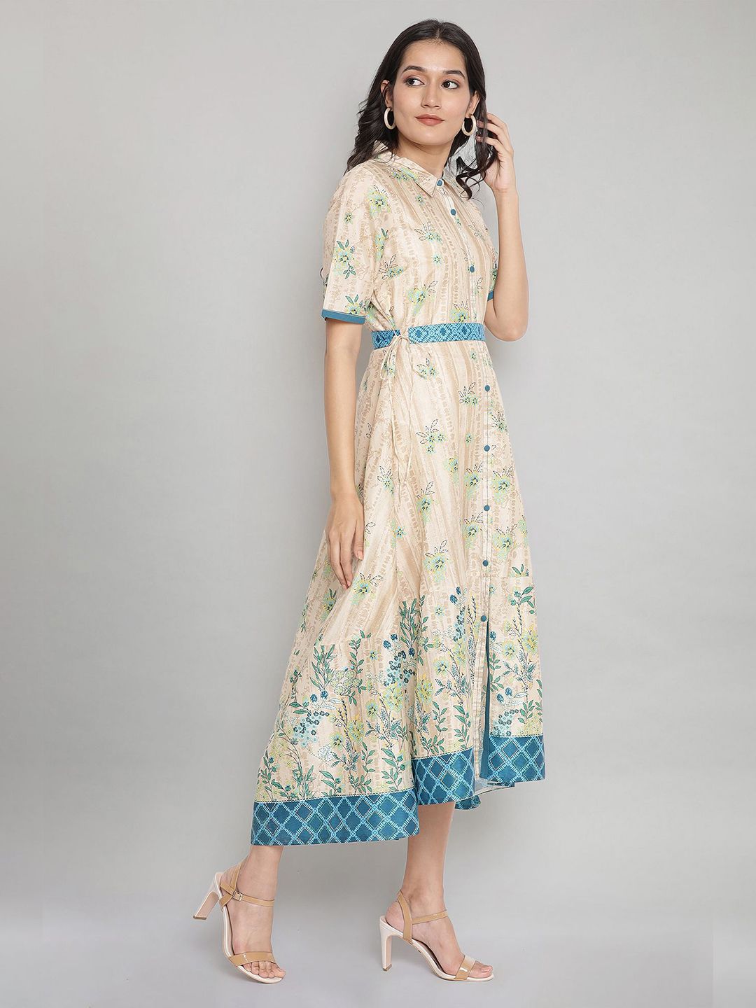 Cream-Coloured &amp; Blue Floral A-Line Midi Dress AURELIA