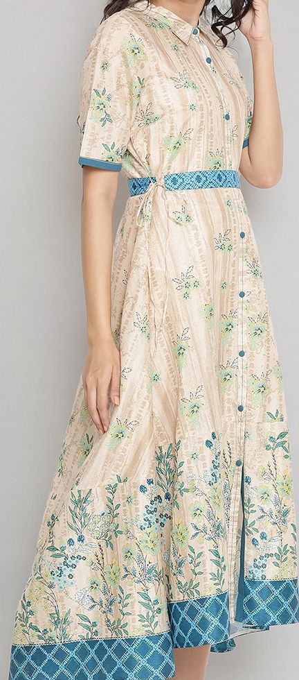 Cream-Coloured &amp; Blue Floral A-Line Midi Dress AURELIA