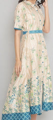 Cream-Coloured &amp; Blue Floral A-Line Midi Dress AURELIA
