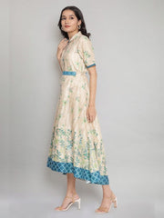 Cream-Coloured &amp; Blue Floral A-Line Midi Dress AURELIA