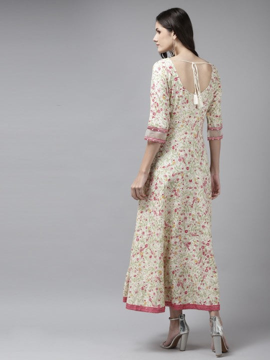 Beige & Pink Ethnic Motifs A-Line Maxi Dress W for Women's