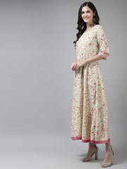 Beige & Pink Ethnic Motifs A-Line Maxi Dress W for Women's