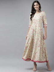 Beige & Pink Ethnic Motifs A-Line Maxi Dress W for Women's