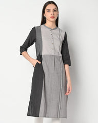 W Colourblock Straight Kurta in Grey, featuring modern contrasting panel details.