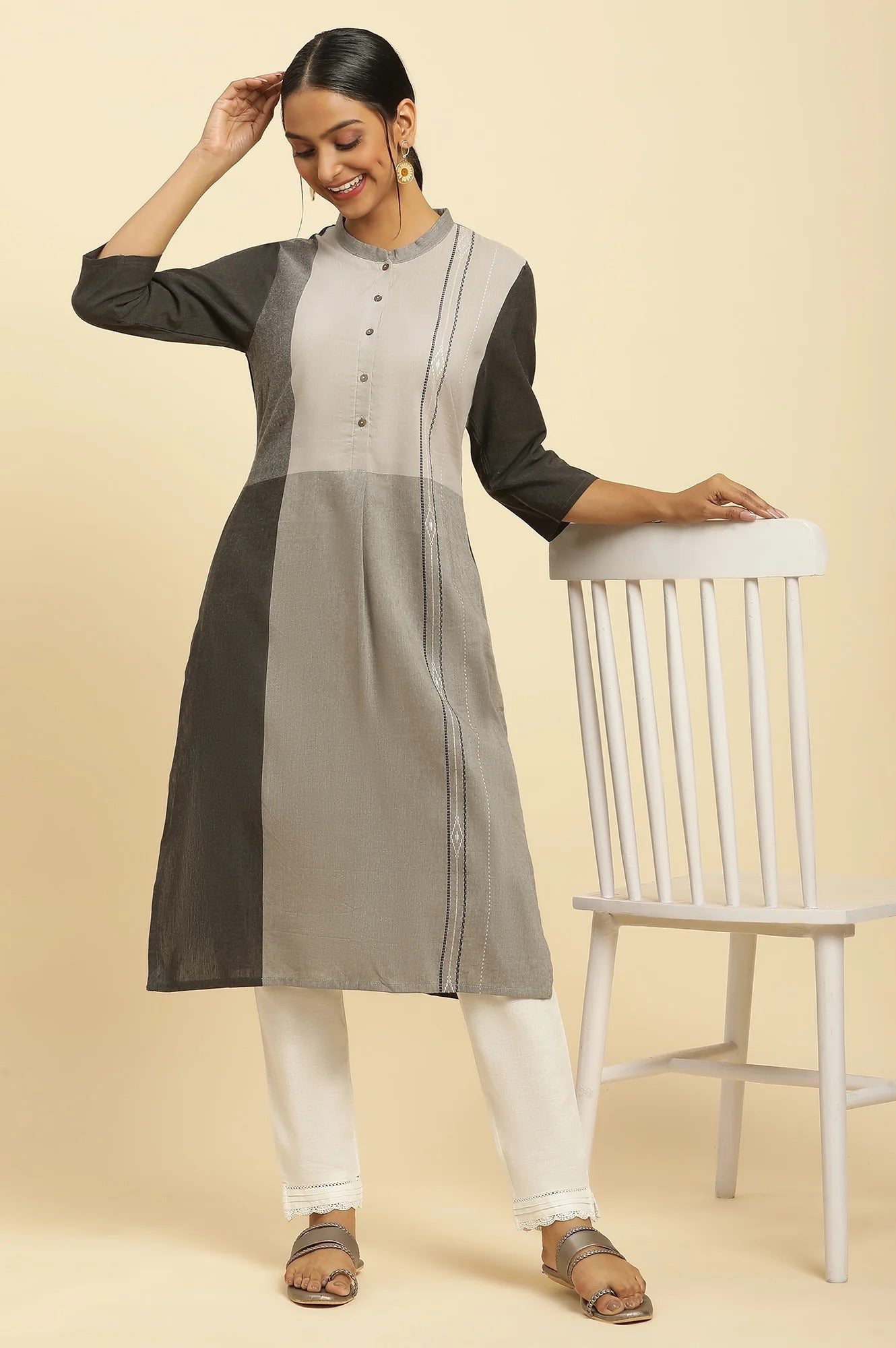 W Grey Color block Straight Kurta W for Women's
