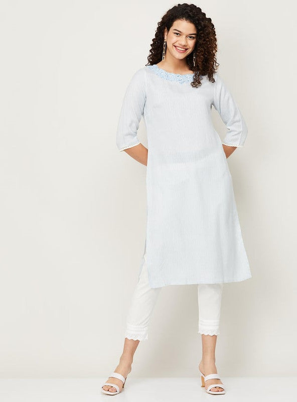 W Women Striped Straight Kurta in Blue, chic striped print with a structured silhouette.