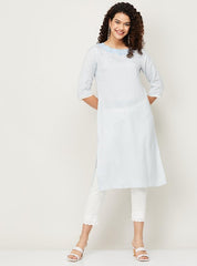 W Women Striped Straight Kurta in Blue, chic striped print with a structured silhouette.
