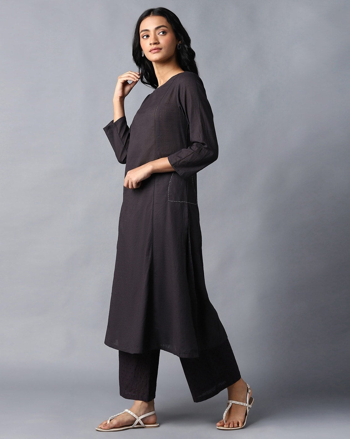W Dark Grey Round-Neck A-Line Kurta W for Women's
