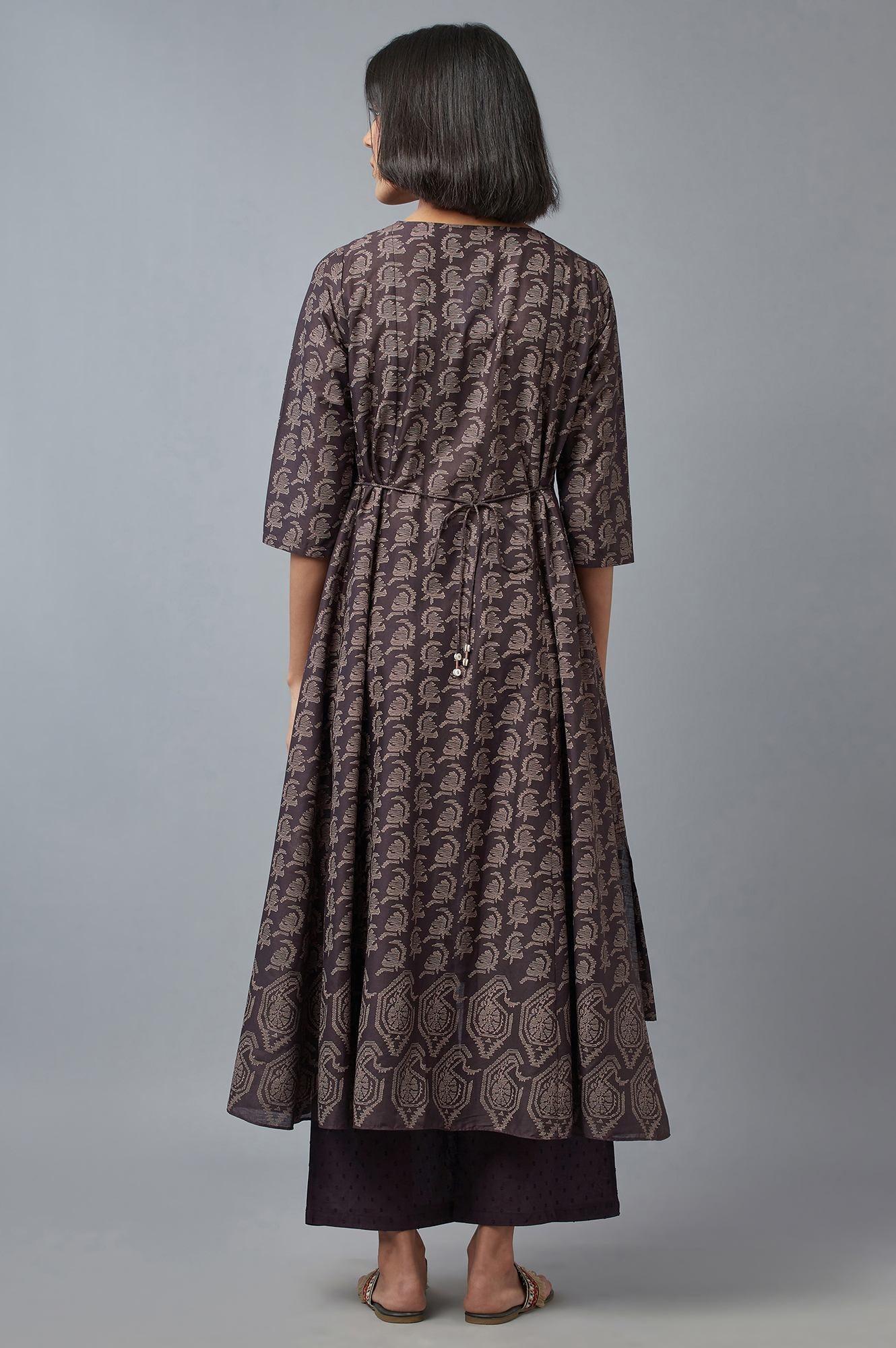Dark Brown Cotton Paisley Print kurta in Round Neck W for Women's