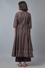 Dark Brown Cotton Paisley Print kurta in Round Neck W for Women's