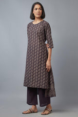 Dark Brown Cotton Paisley Print kurta in Round Neck W for Women's