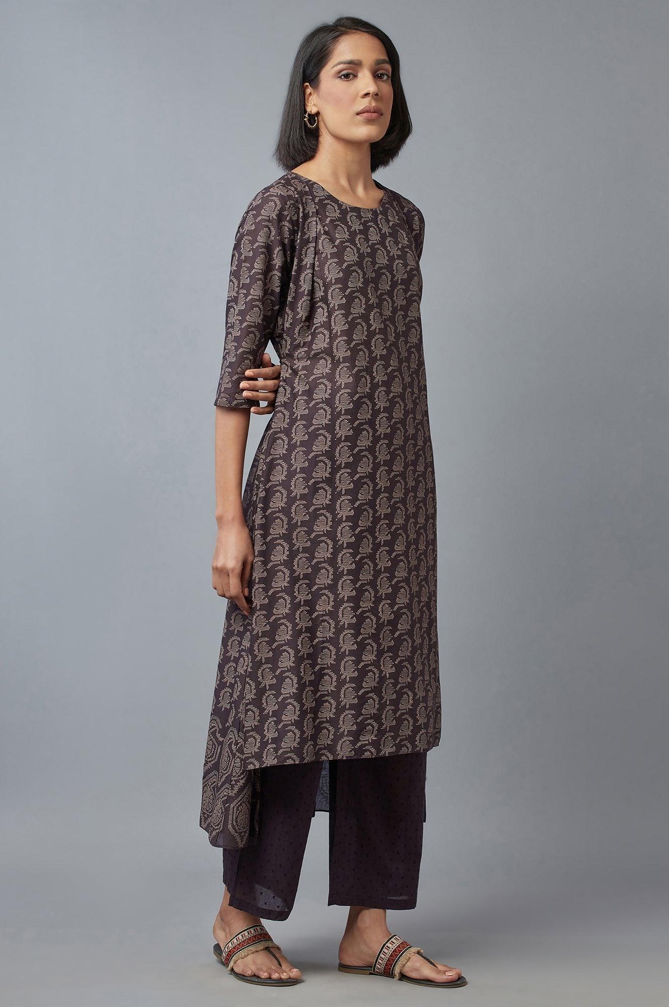 Dark Brown Cotton Paisley Print kurta in Round Neck W for Women's