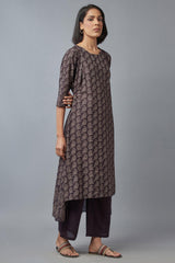 Dark Brown Cotton Paisley Print kurta in Round Neck W for Women's