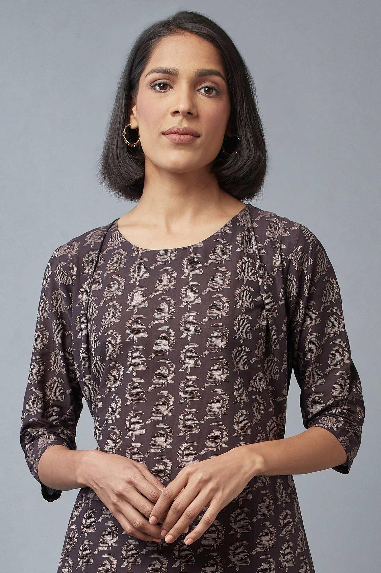 Dark Brown Cotton Paisley Print kurta in Round Neck W for Women's