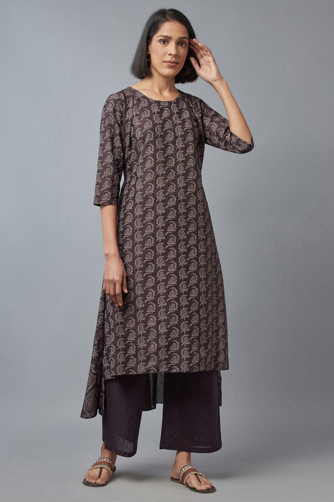 Dark Brown Cotton Paisley Print kurta in Round Neck W for Women's