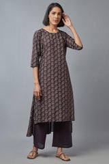 Dark Brown Cotton Paisley Print kurta in Round Neck W for Women's