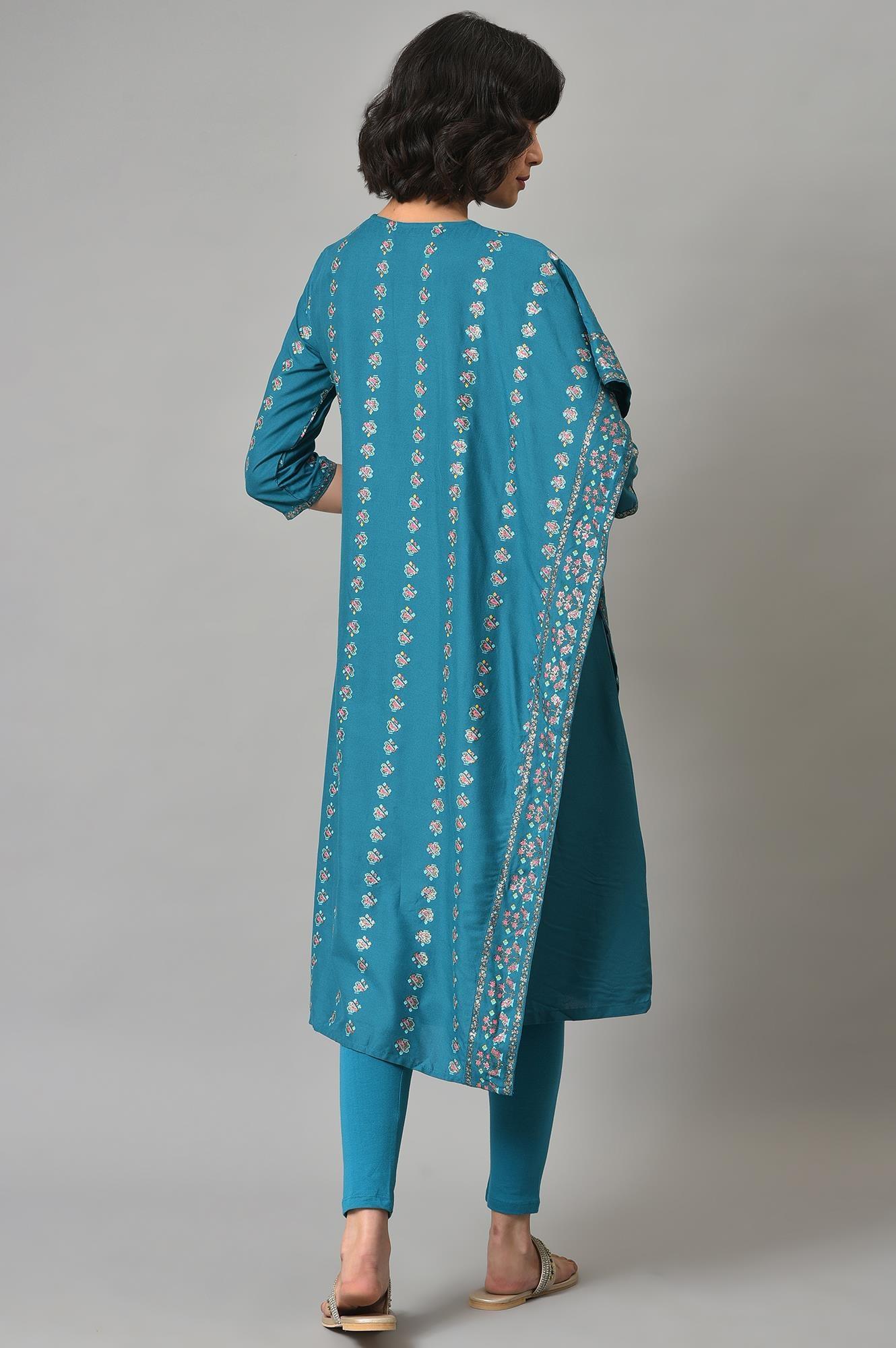 Teal Blue Saree Style kurta With Tights W for Women's