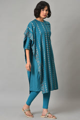 Teal Blue Saree Style kurta With Tights W for Women's