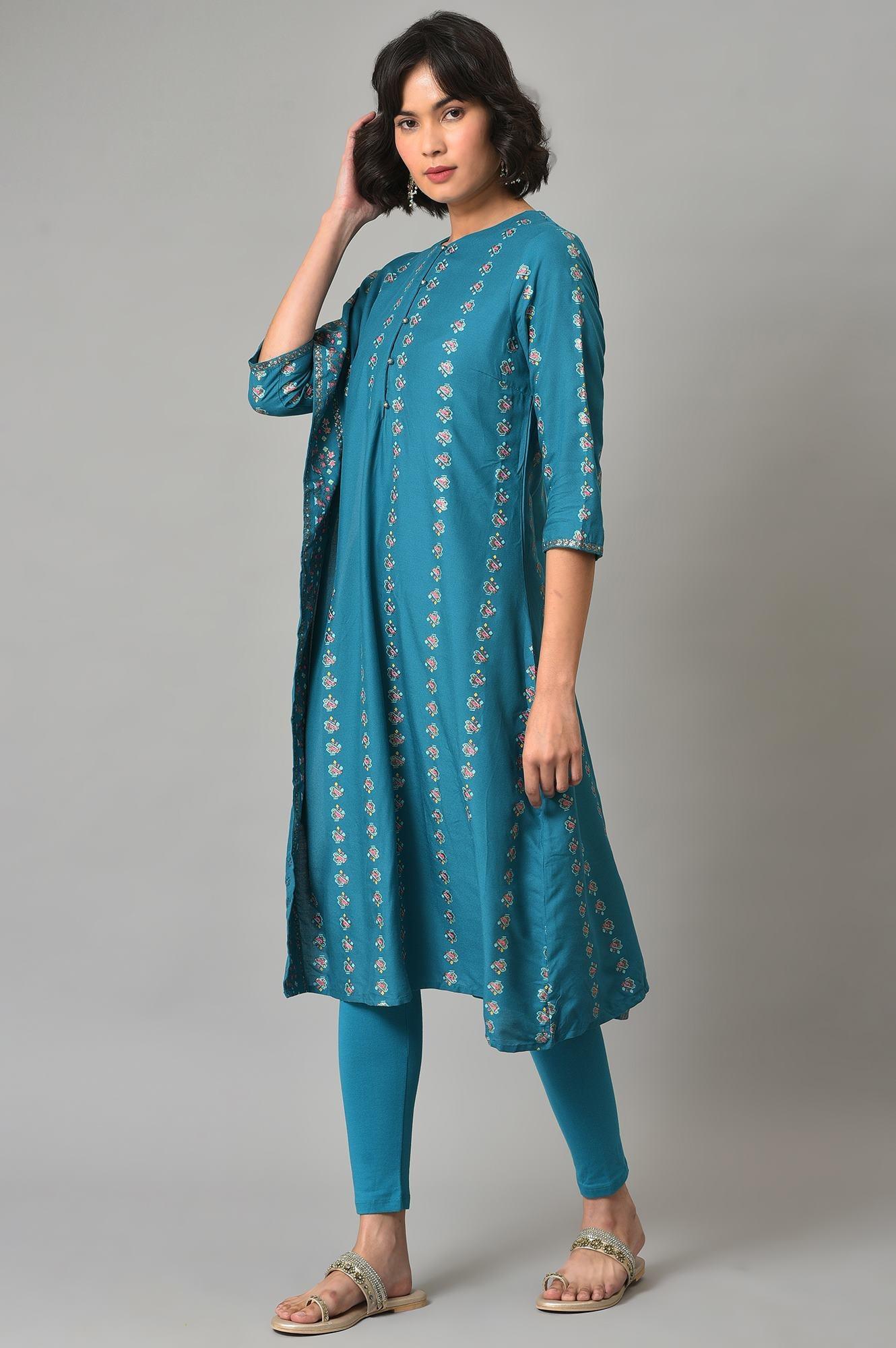 Teal Blue Saree Style kurta With Tights W for Women's