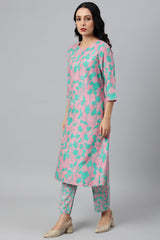 W Light Purple Floral Print Straight Kurta W for Women's