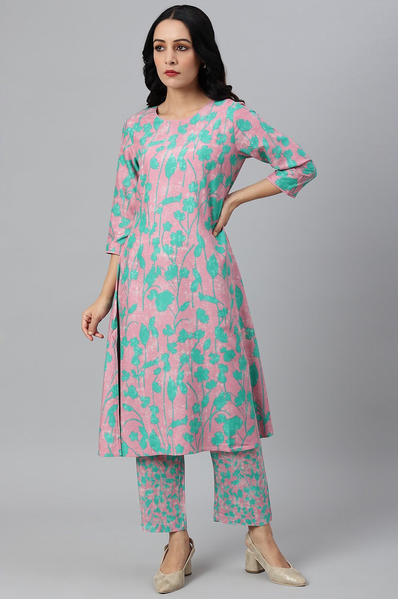 W Light Purple Floral Print Straight Kurta W for Women's