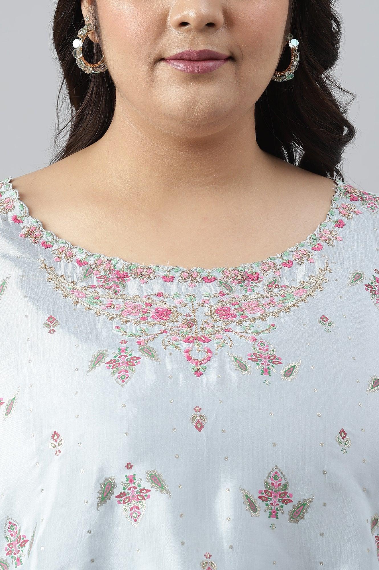 Plus Size Light Blue Paisley Print High-Low kurta With Draped Pants And Pink Dupatta W for Women's