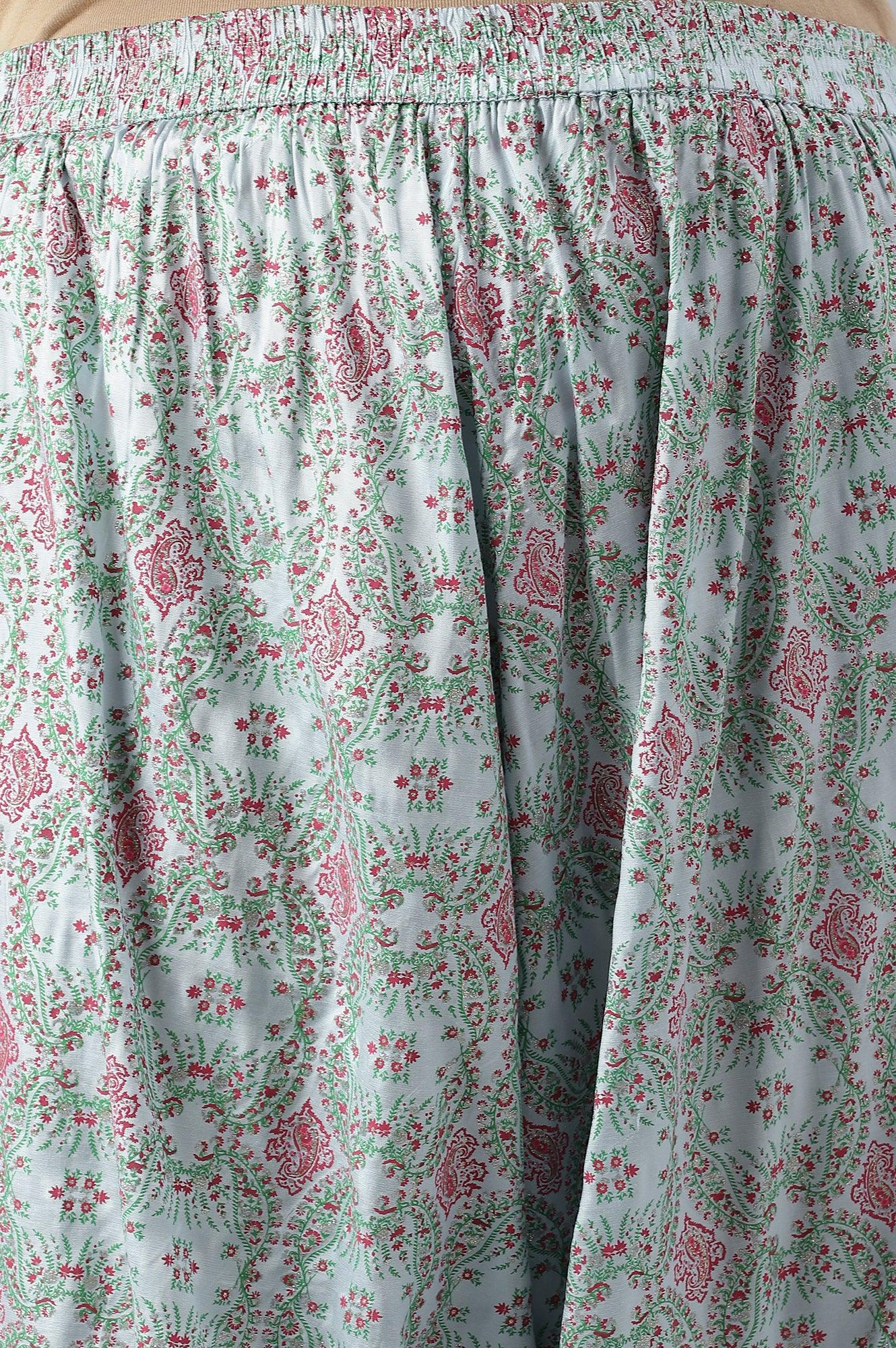 Plus Size Light Blue Paisley Print High-Low kurta With Draped Pants And Pink Dupatta W for Women's