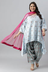 Plus Size Light Blue Paisley Print High-Low kurta With Draped Pants And Pink Dupatta W for Women's
