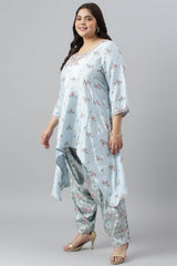 Plus Size Light Blue Paisley Print High-Low kurta With Draped Pants And Pink Dupatta W for Women's