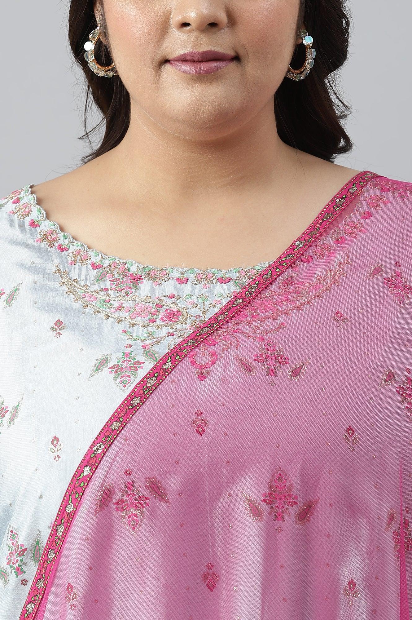 Plus Size Light Blue Paisley Print High-Low kurta With Draped Pants And Pink Dupatta W for Women's