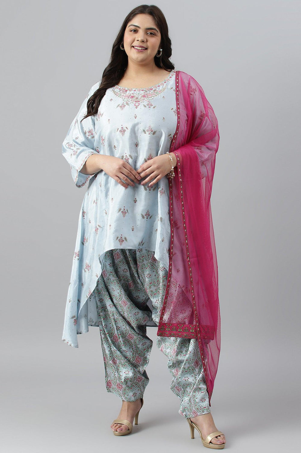 Plus Size Light Blue Paisley Print High-Low kurta With Draped Pants And Pink Dupatta W for Women's