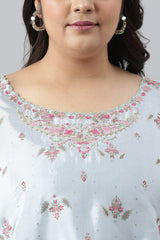 Plus Size Light Blue Paisley Print High-Low kurta With Draped Pants And Pink Dupatta W for Women's
