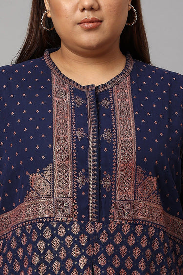 Plus Size Blue Printed A-Line Cowl kurta With Tights W for Women's