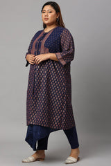 Plus Size Blue Printed A-Line Cowl kurta With Tights W for Women's