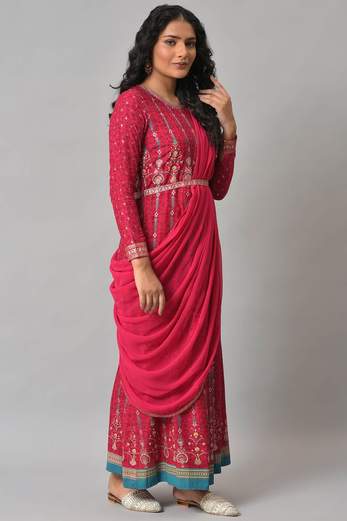 Dark Pink Glitter Printed Insta Saree Dress W for Women's