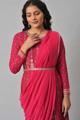 Dark Pink Glitter Printed Insta Saree Dress W for Women's