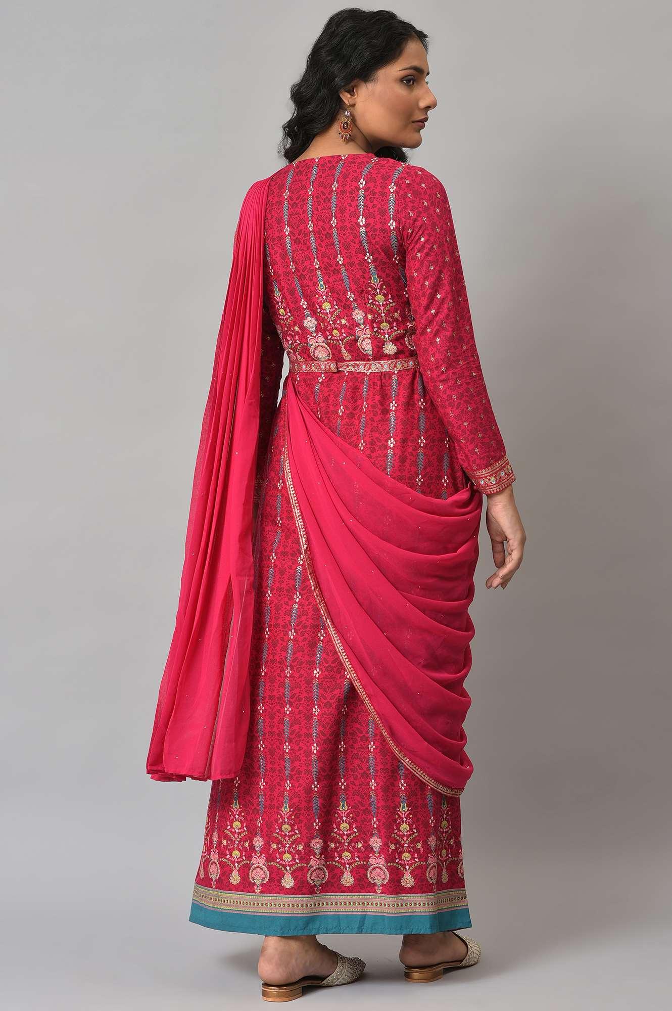Dark Pink Glitter Printed Insta Saree Dress W for Women's