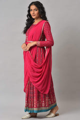 Dark Pink Glitter Printed Insta Saree Dress W for Women's