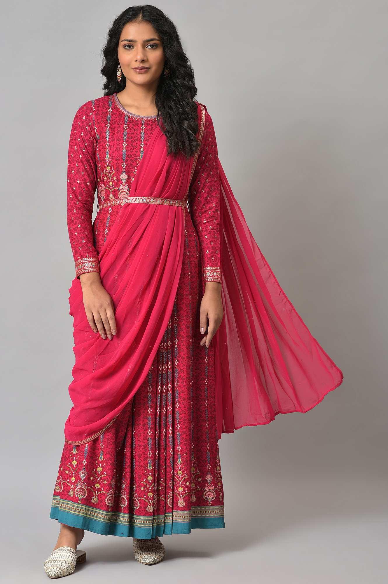 Dark Pink Glitter Printed Insta Saree Dress W for Women's