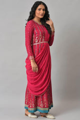 Dark Pink Glitter Printed Insta Saree Dress W for Women's