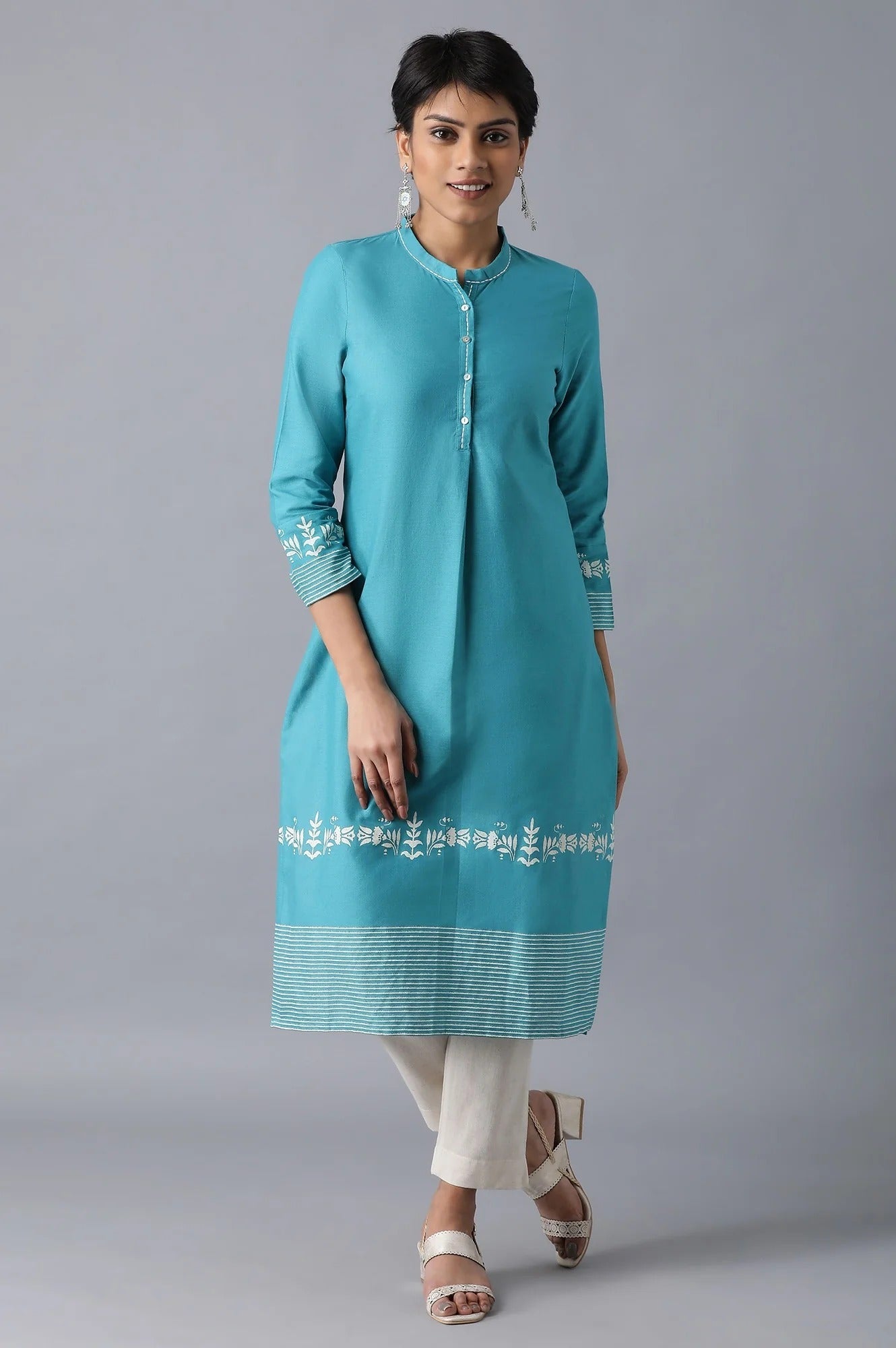 Woman Teal Printed A-Line Kurta W for Woman