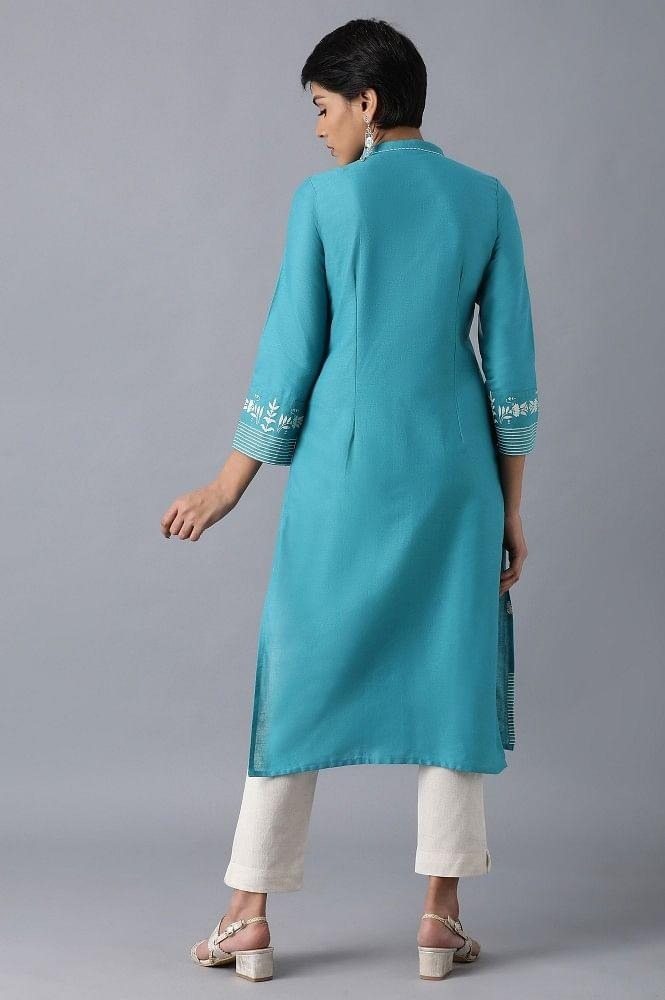 Woman Teal Printed A-Line Kurta W for Woman