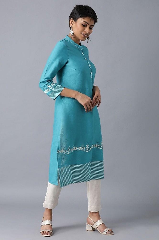Woman Teal Printed A-Line Kurta W for Woman