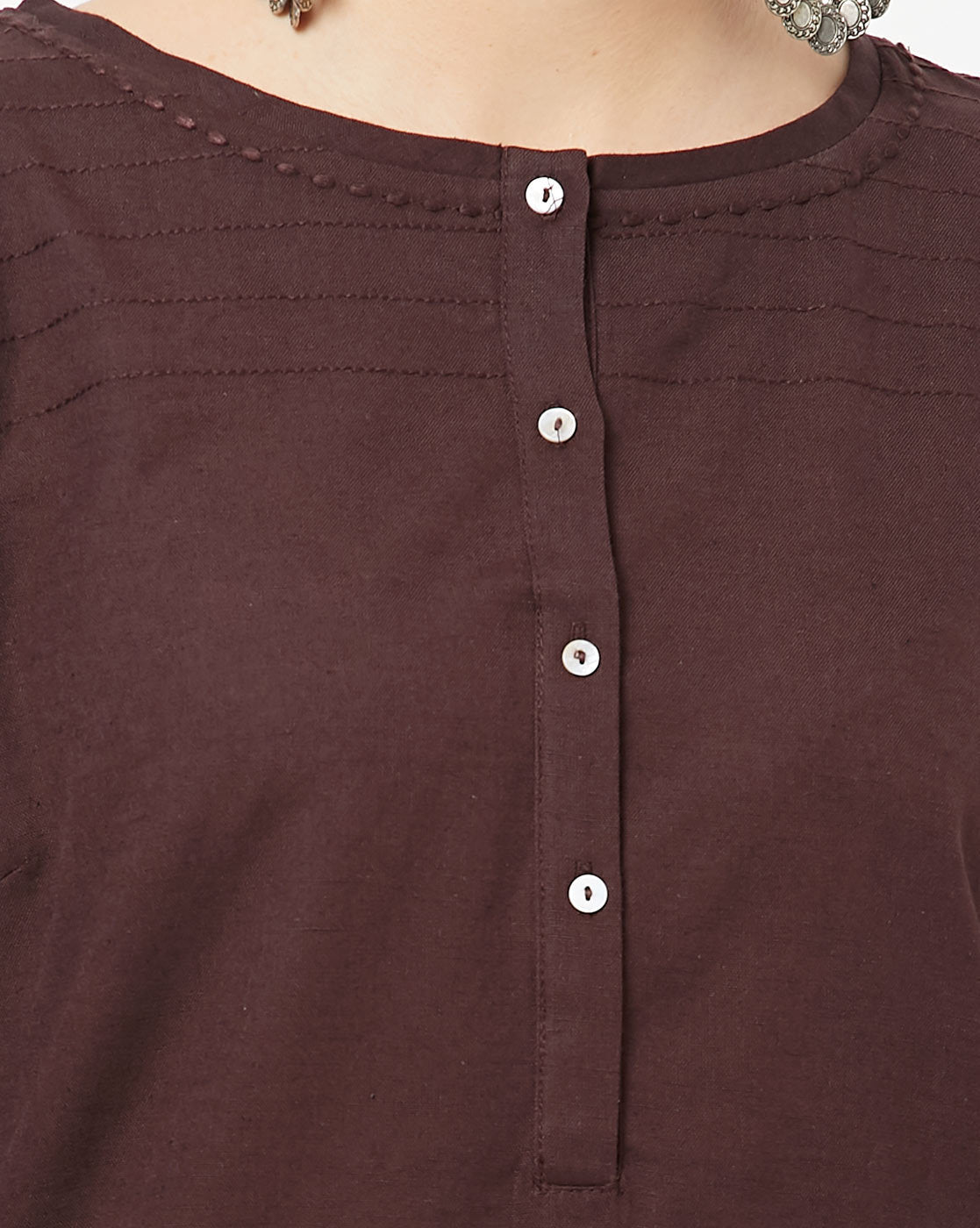 W Brown Straight Kurta with Roll-Up Sleeves W