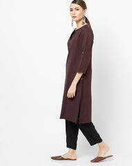 W Brown Straight Kurta with Roll-Up Sleeves W