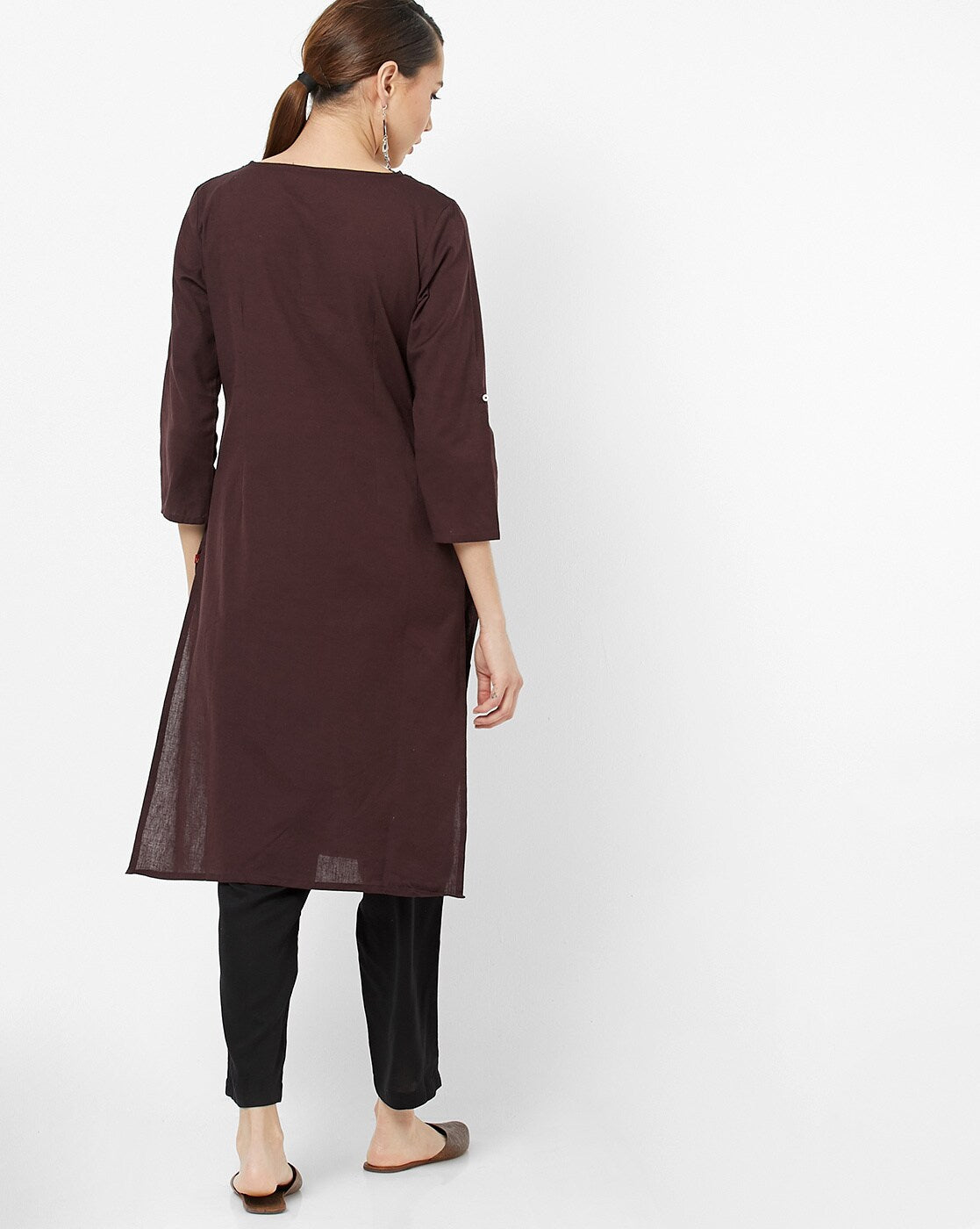 W Brown Straight Kurta with Roll-Up Sleeves W