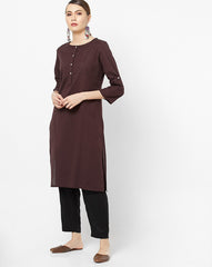 W Straight Kurta with Roll-Up Sleeves in Brown, structured styling with rich earthy tones.