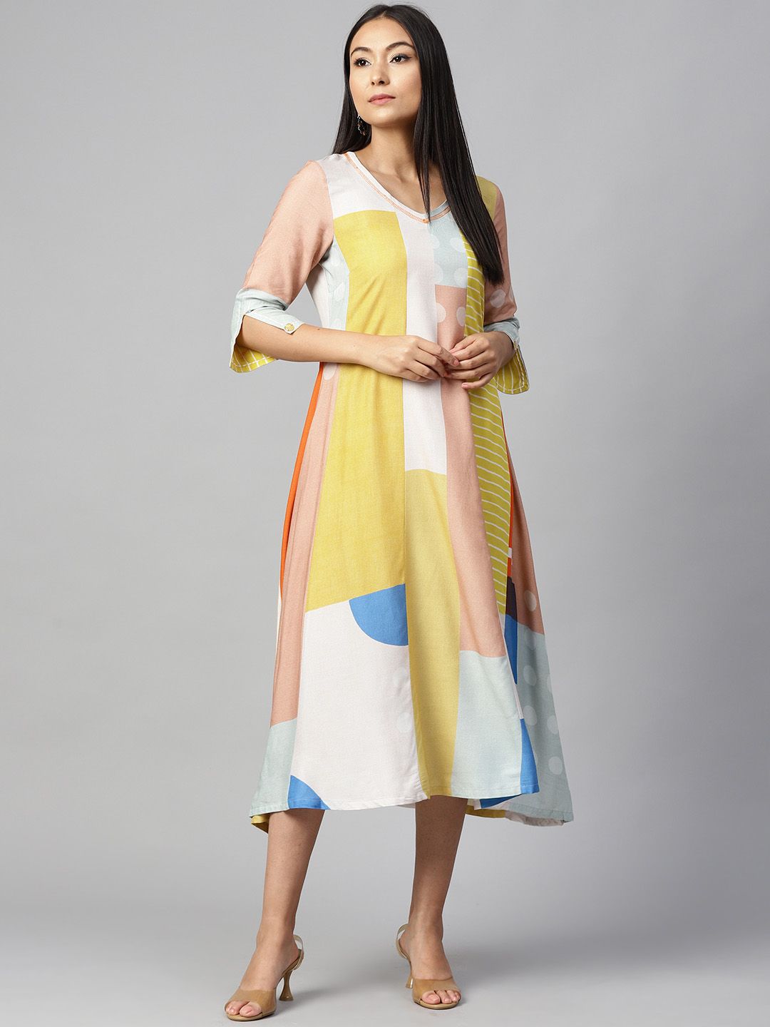 White & Yellow Forestry Printed A-Line Dress W for Women's
